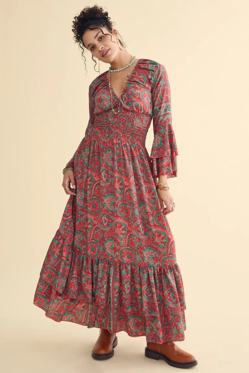 Red Paisley Sari Ruffle Bell Sleeve Maxi Dress