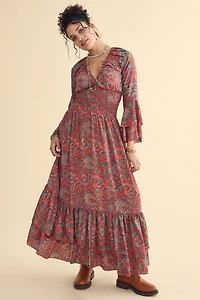 Red Paisley Sari Ruffle Bell Sleeve Maxi Dress