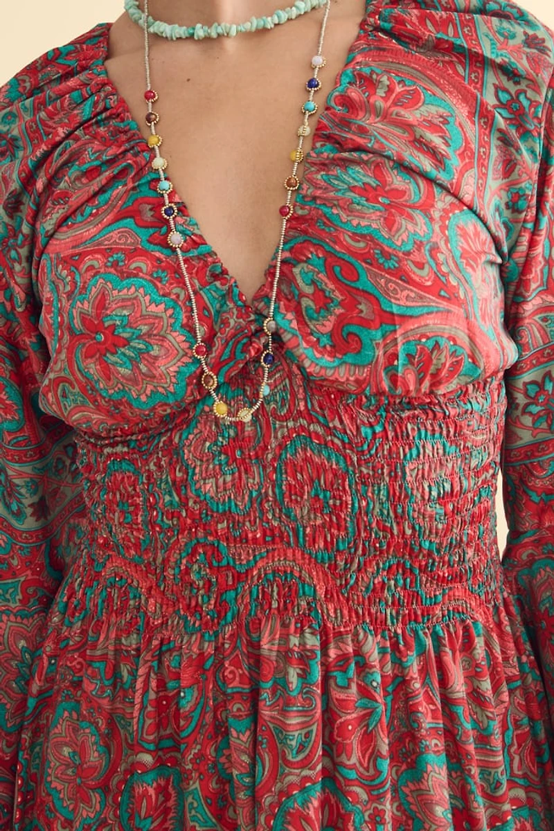 Red Paisley Sari Ruffle Bell Sleeve Maxi Dress