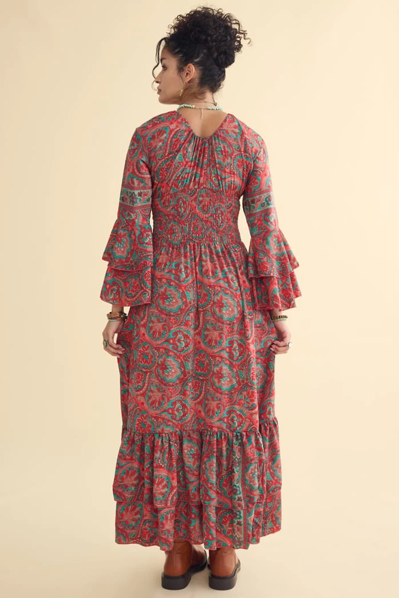 Red Paisley Sari Ruffle Bell Sleeve Maxi Dress