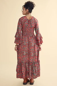 Red Paisley Sari Ruffle Bell Sleeve Maxi Dress