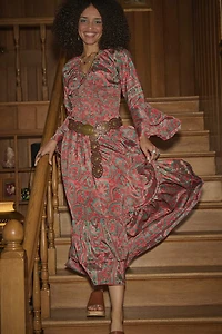 Red Paisley Sari Ruffle Bell Sleeve Maxi Dress