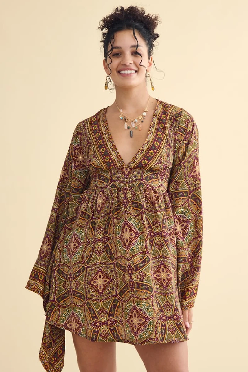 Mustard Mandala Sari Bell Sleeve Mini Dress