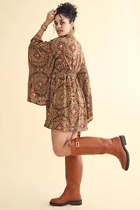 Mustard Mandala Sari Bell Sleeve Mini Dress