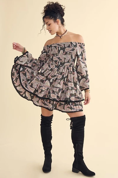 Black Off Shoulder Sari Lace Mini Dress