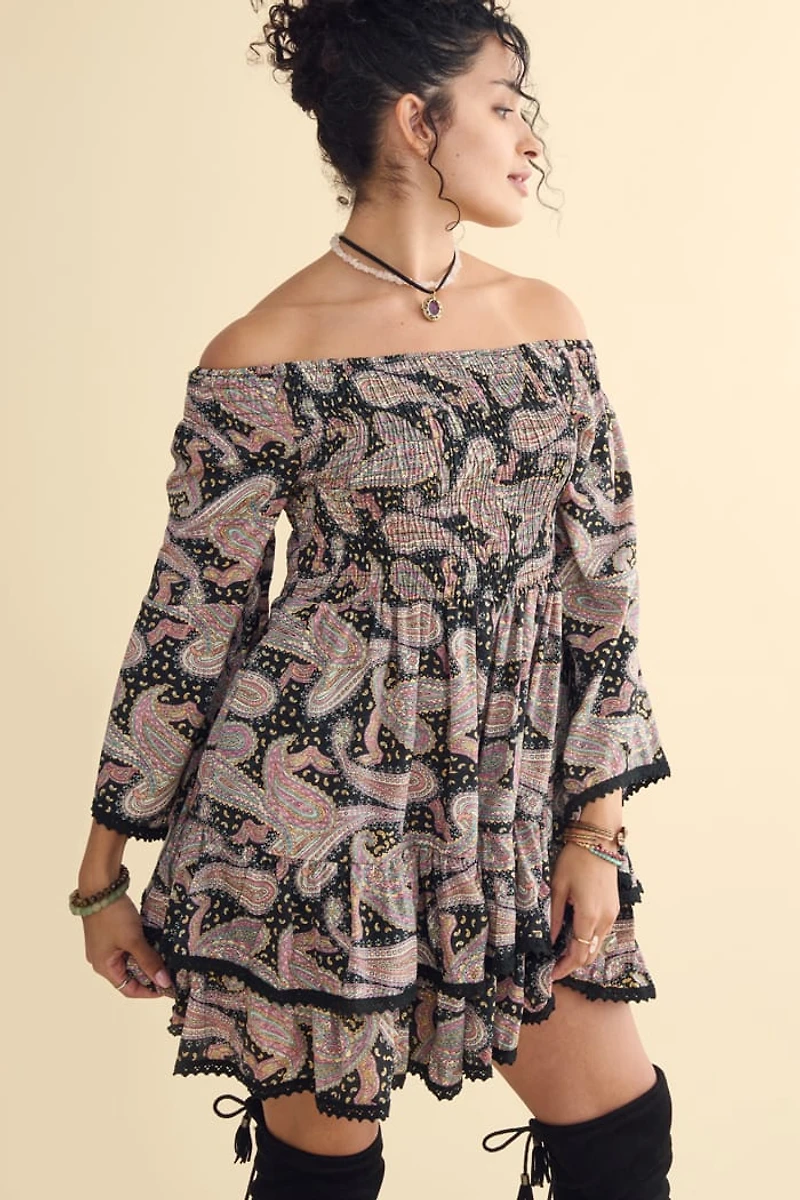 Black Off Shoulder Sari Lace Mini Dress