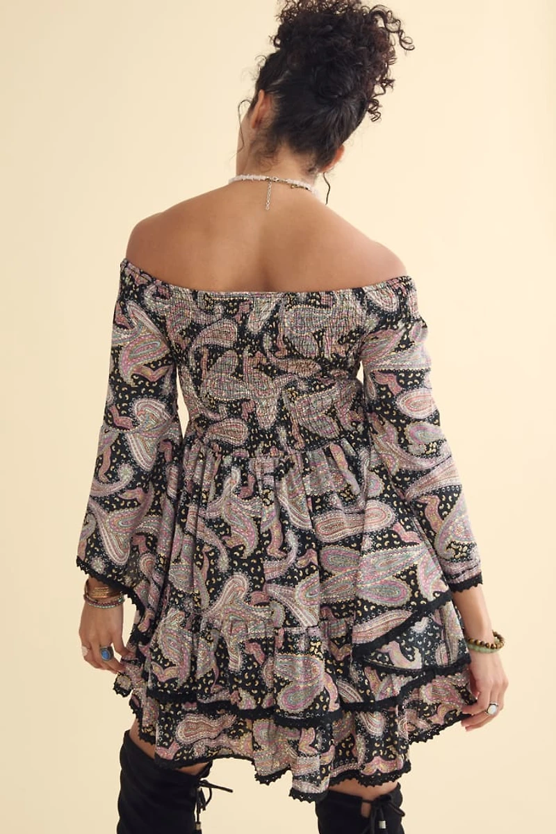 Black Off Shoulder Sari Lace Mini Dress