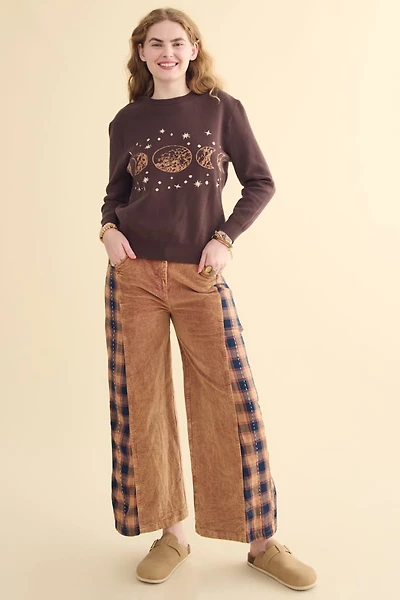 Brown Corduroy Plaid Panel Wide Leg Pants