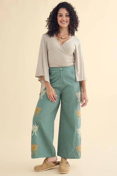 Buy Teal Embroidered Moth Wide Leg Pants Online at Earthbound Trading