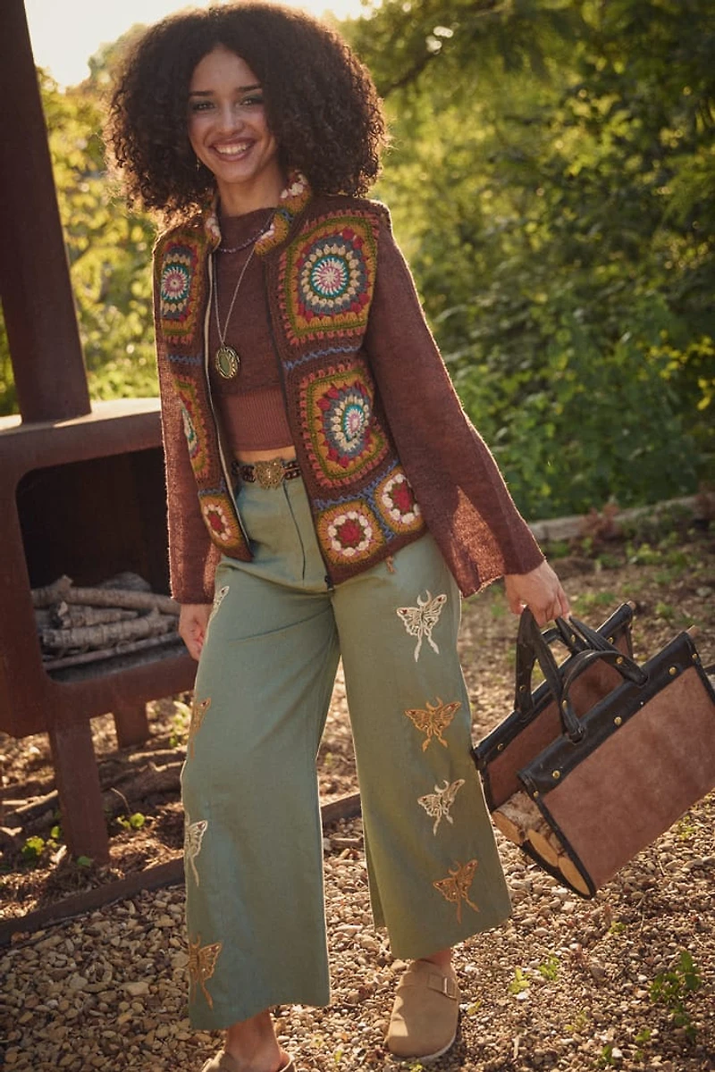 Teal Embroidered Moth Wide Leg Pants