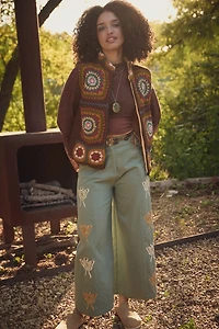 Teal Embroidered Moth Wide Leg Pants