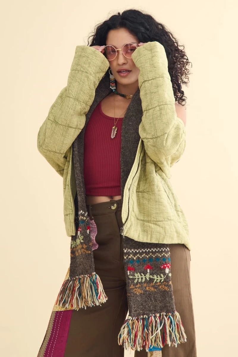 Olive Acid Puffer Quilted Jacket