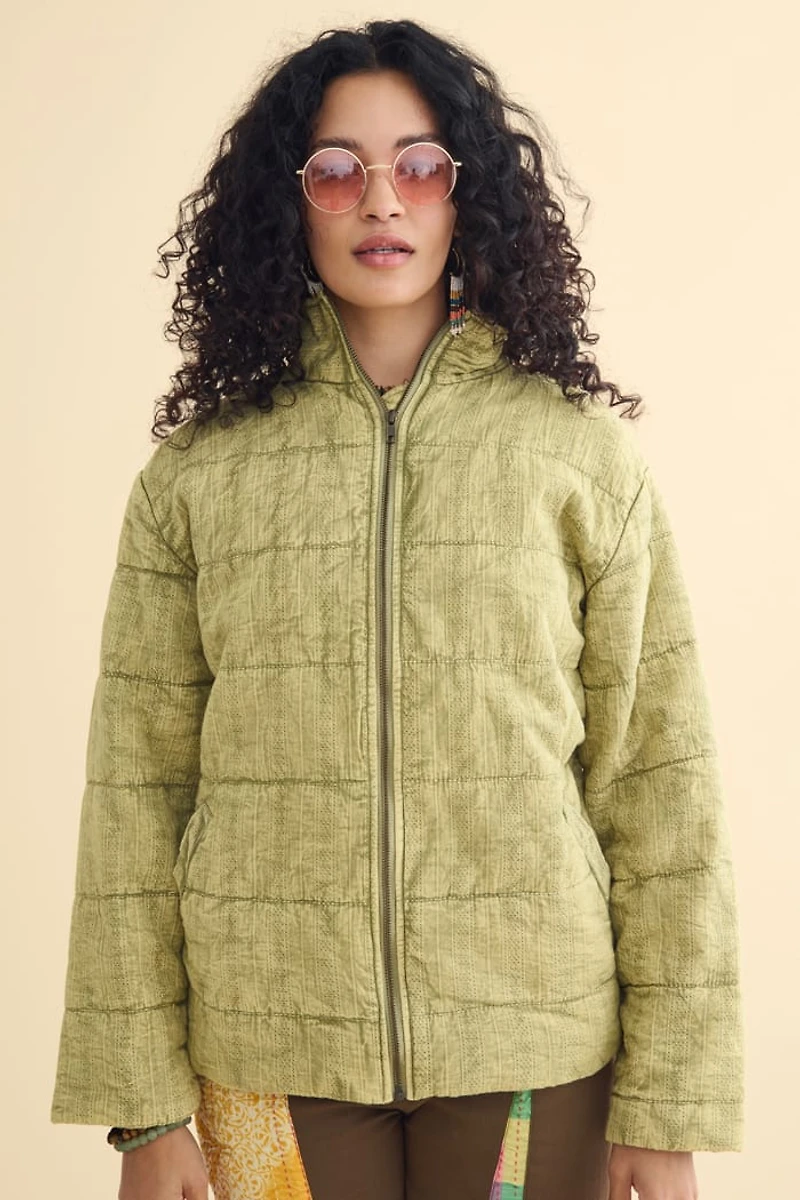 Olive Acid Puffer Quilted Jacket