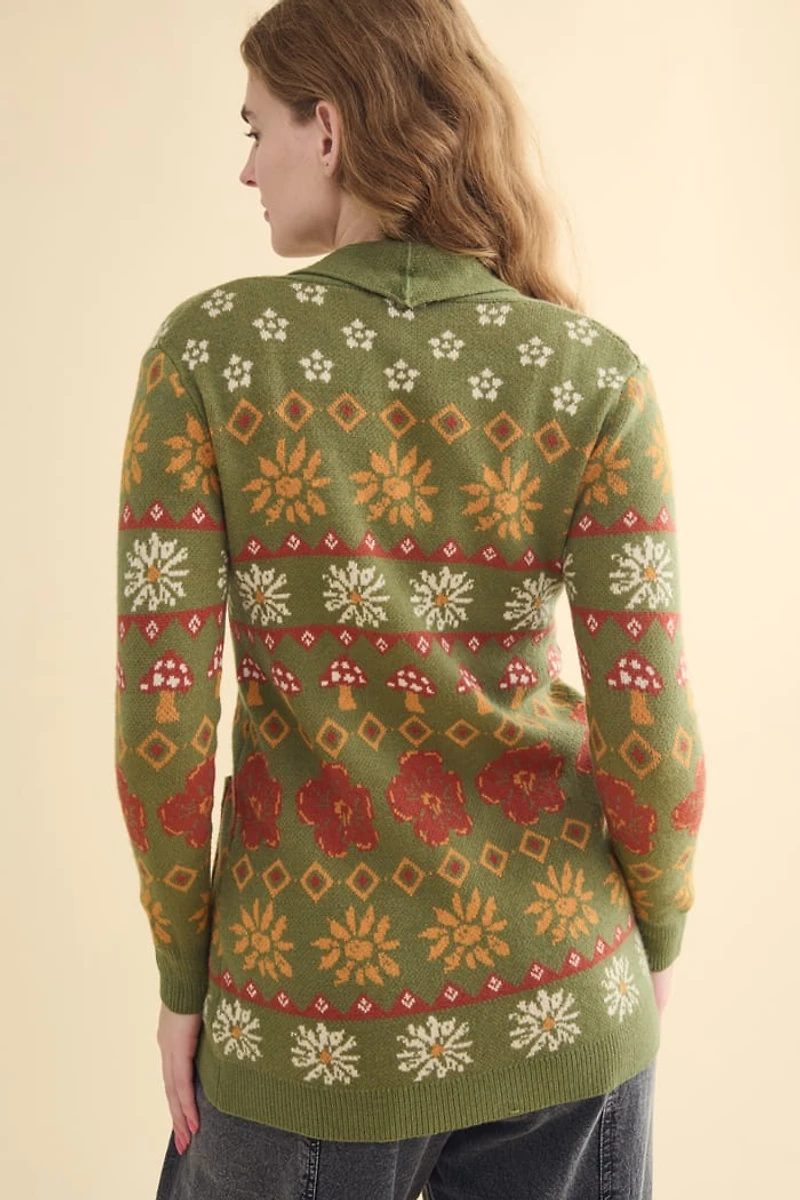 Green Boho Fair Isle Knit Sweater Cardigan