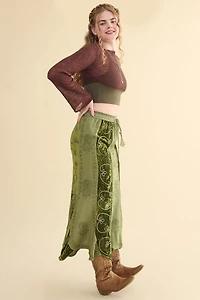 Green Embroidered Velvet Panel Maxi Skirt