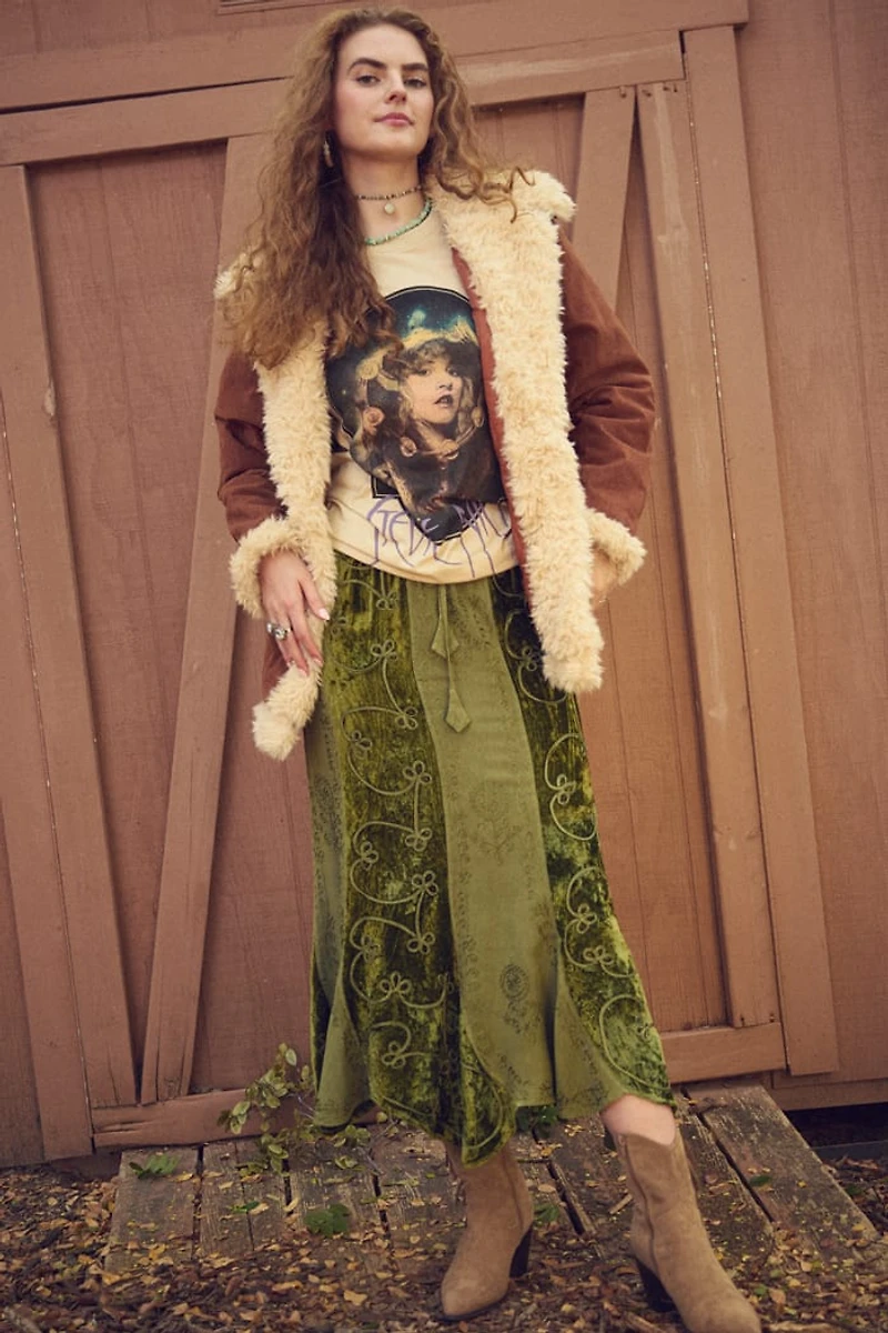 Green Embroidered Velvet Panel Maxi Skirt