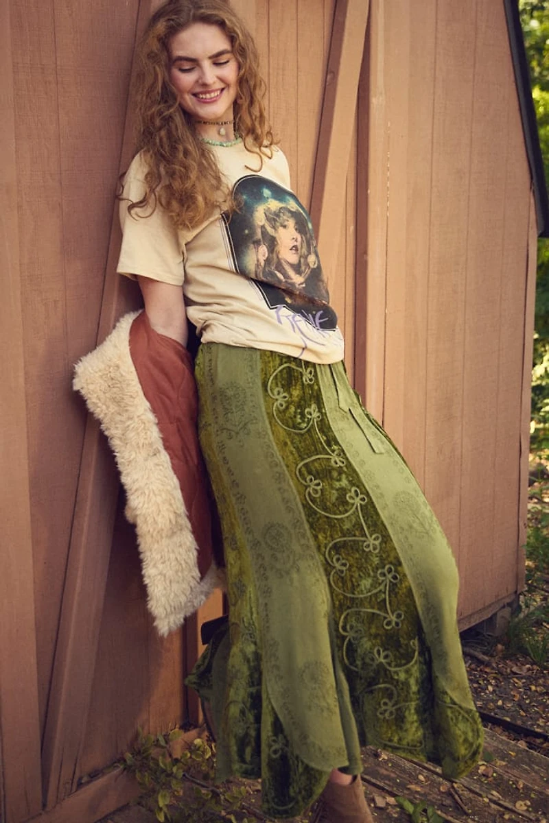 Green Embroidered Velvet Panel Maxi Skirt