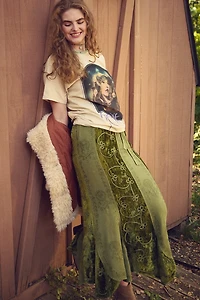 Green Embroidered Velvet Panel Maxi Skirt