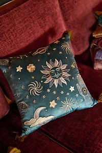 Blue Velvet Embroidered Sun Tassel Pillow