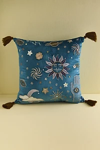 Blue Velvet Embroidered Sun Tassel Pillow