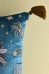 Blue Velvet Embroidered Sun Tassel Pillow