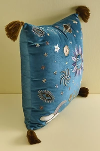 Blue Velvet Embroidered Sun Tassel Pillow