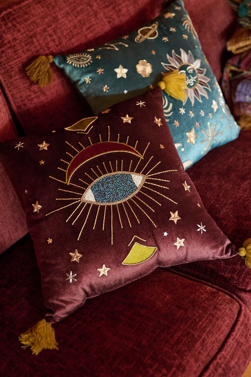 Maroon Velvet Embroidered Evil Eye Tassel Pillow