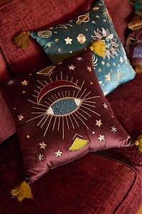 Maroon Velvet Embroidered Evil Eye Tassel Pillow