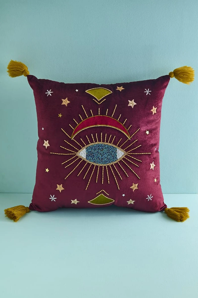 Maroon Velvet Embroidered Evil Eye Tassel Pillow