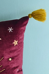 Maroon Velvet Embroidered Evil Eye Tassel Pillow