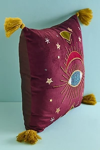 Maroon Velvet Embroidered Evil Eye Tassel Pillow