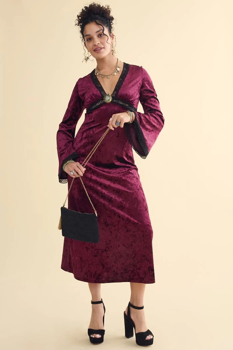 Wine Velvet Lace Trim Maxi Dress