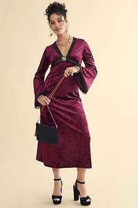 Wine Velvet Lace Trim Maxi Dress