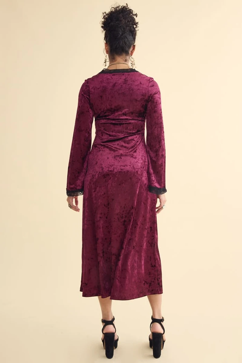 Wine Velvet Lace Trim Maxi Dress