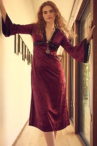 Wine Velvet Lace Trim Maxi Dress