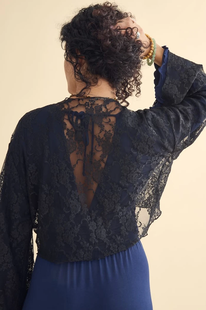 Black Lace Floral Front Tie Cropped Shrug