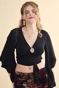 Black Buttery Bell Sleeve Wrap Top