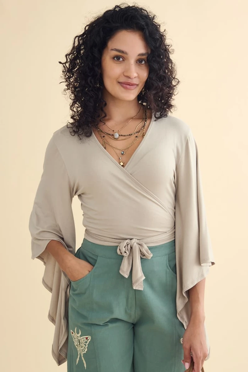 Taupe Buttery Bell Sleeve Wrap Top