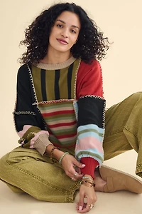 Multi Slouchy Knit Striped Patchwork Sweater
