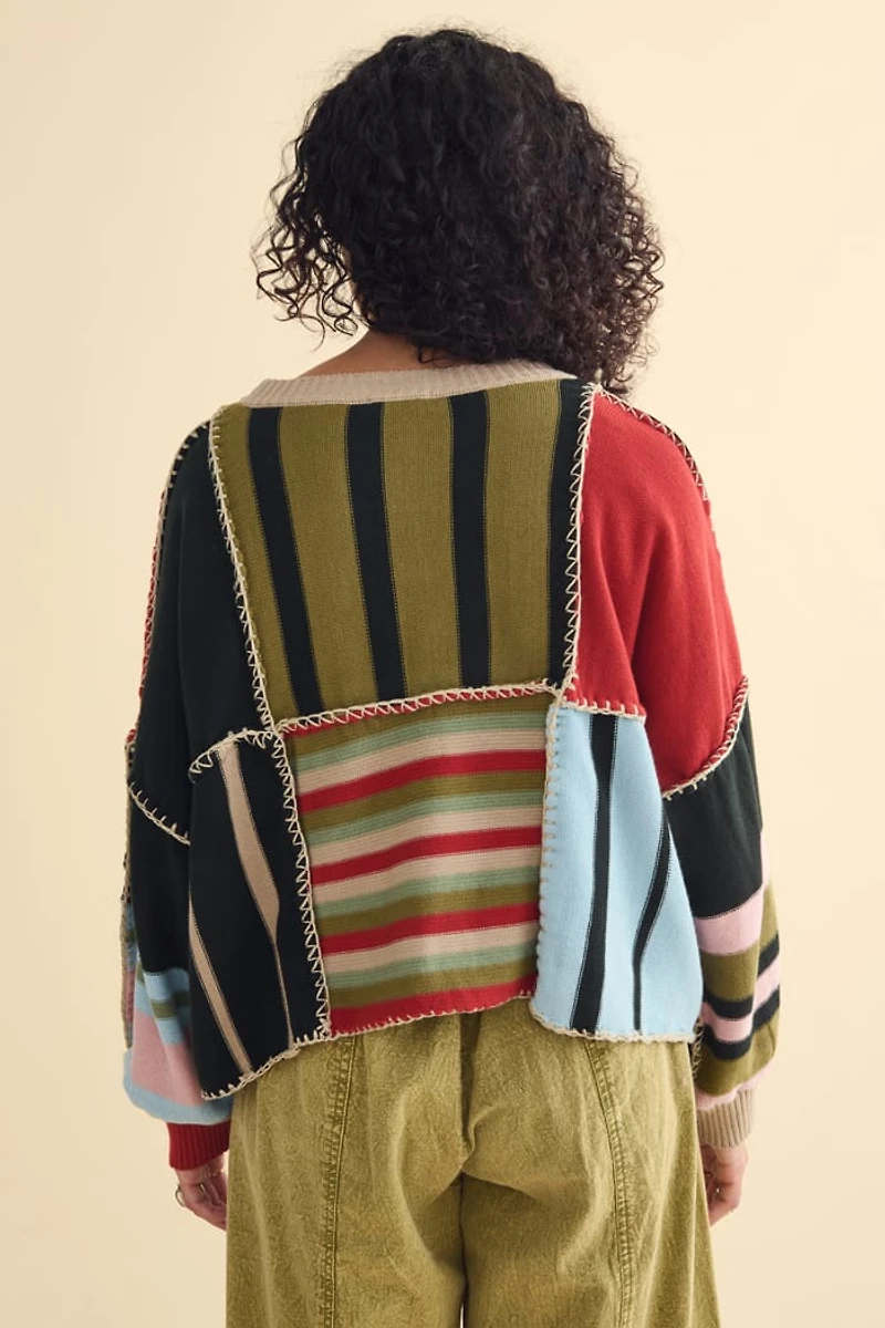 Multi Slouchy Knit Striped Patchwork Sweater