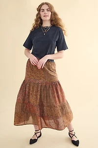 Buy Rust Patchwork Tiered Floral Maxi Skirt Online from Earthbound