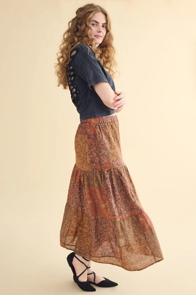 Buy Rust Patchwork Tiered Floral Maxi Skirt Online from Earthbound
