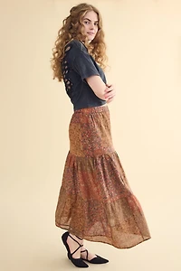 Buy Rust Patchwork Tiered Floral Maxi Skirt Online from Earthbound