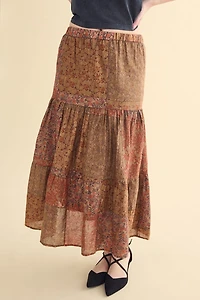 Buy Rust Patchwork Tiered Floral Maxi Skirt Online from Earthbound