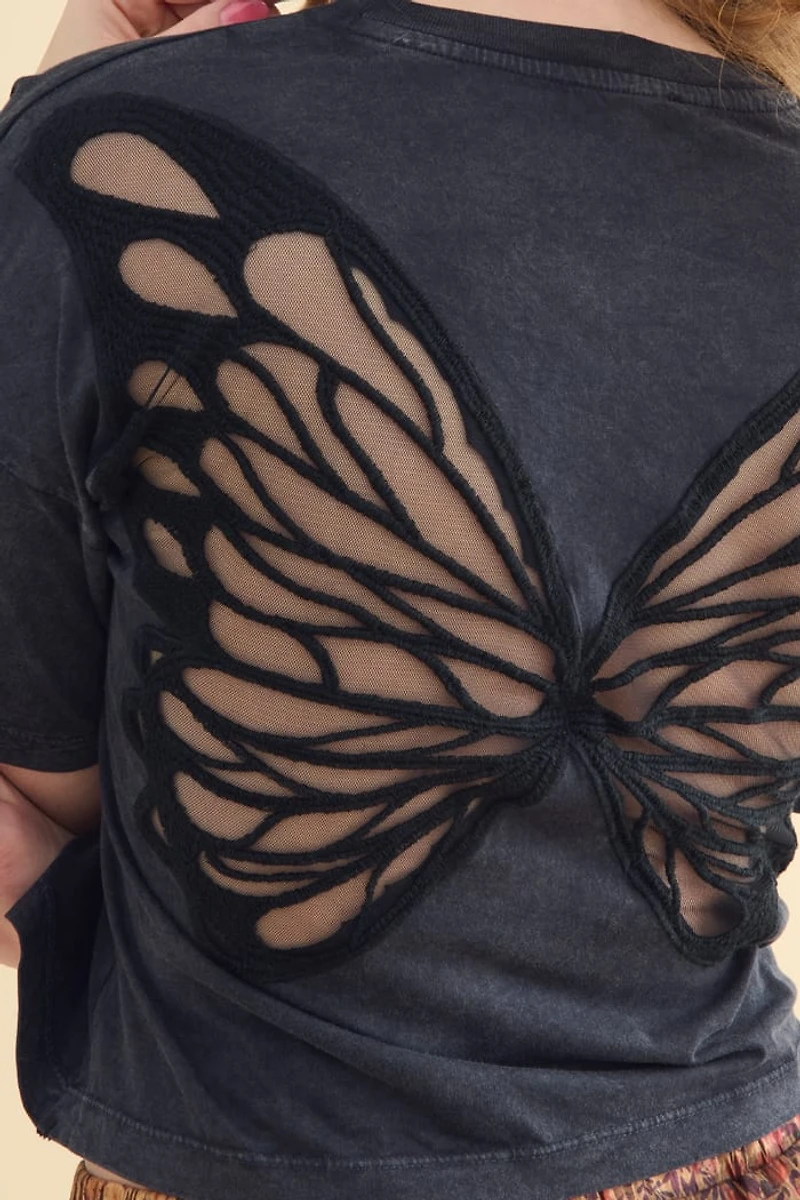 Buy Grey Sheer Back Butterfly Crop T-Shirt Online at Earthbound Trading