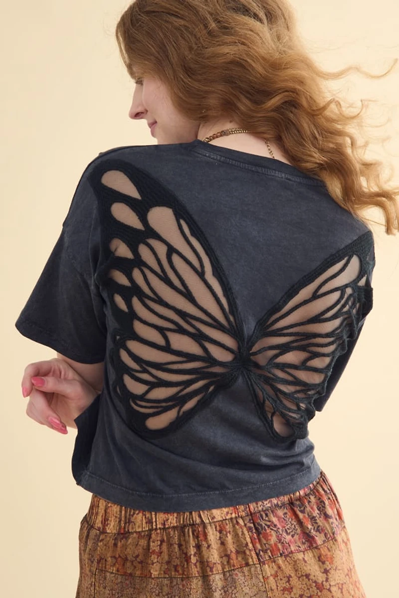 Buy Grey Sheer Back Butterfly Crop T-Shirt Online at Earthbound Trading