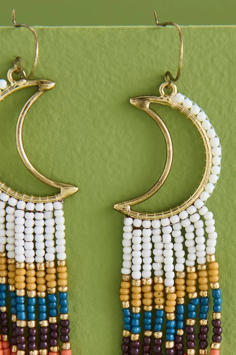 Crecent Moon Beaded Fringe Earrings