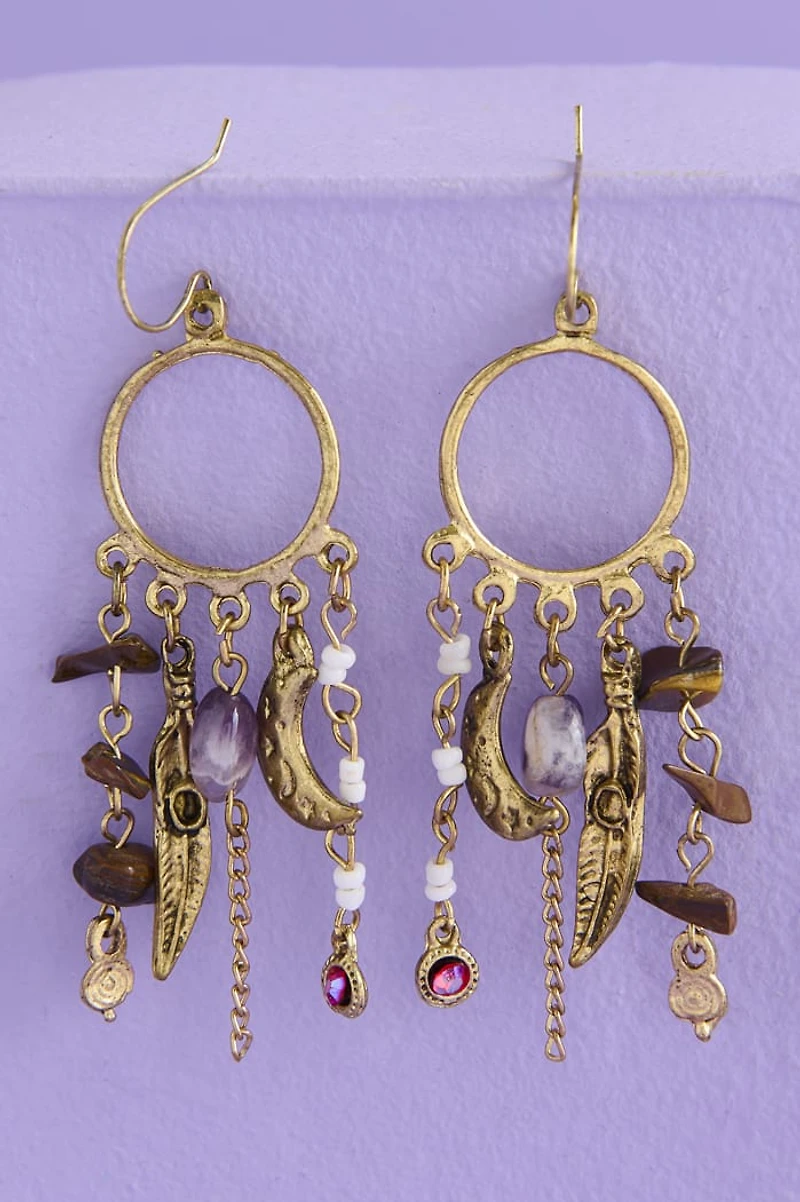 Gold Multi Stone Circle Fringe Earrings