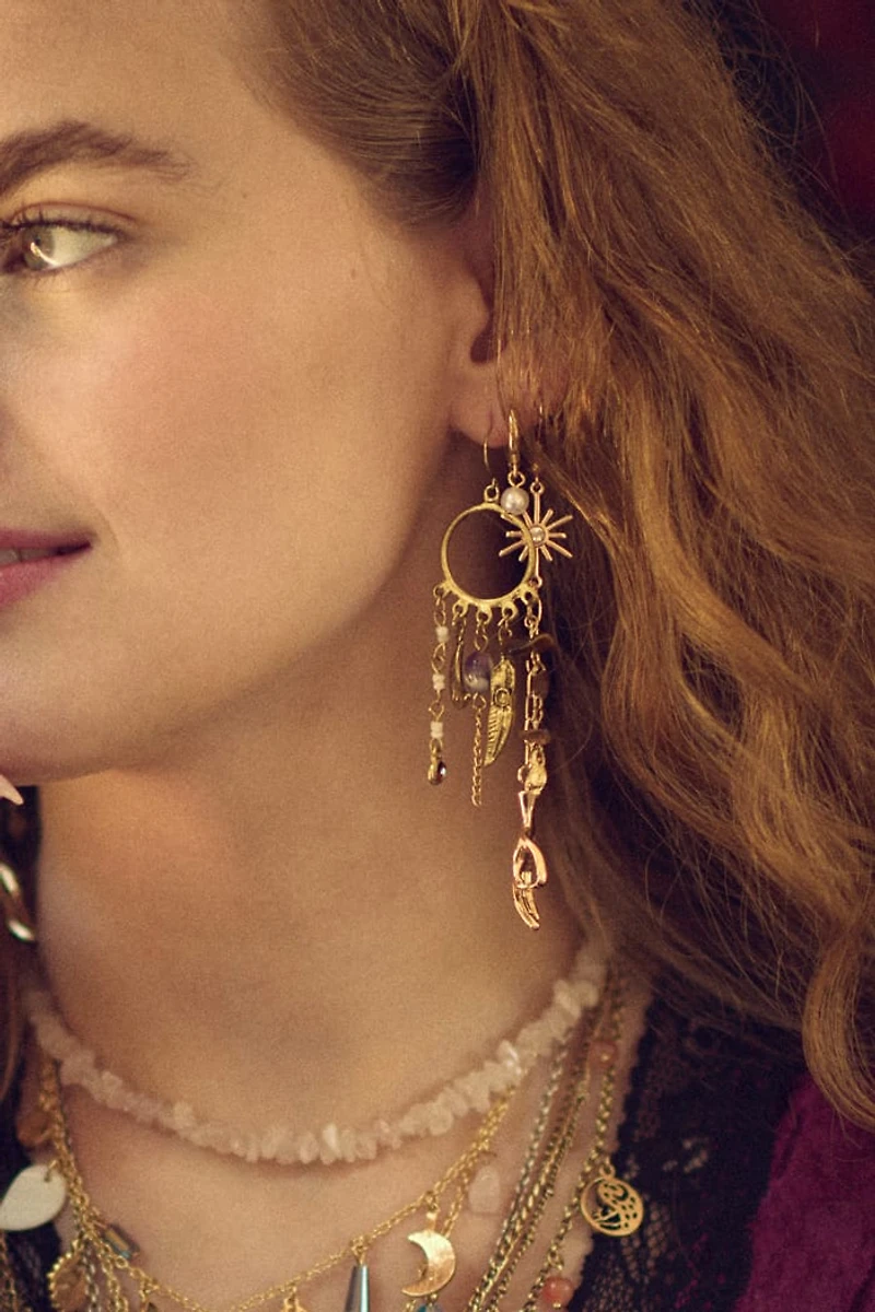 Gold Multi Stone Circle Fringe Earrings