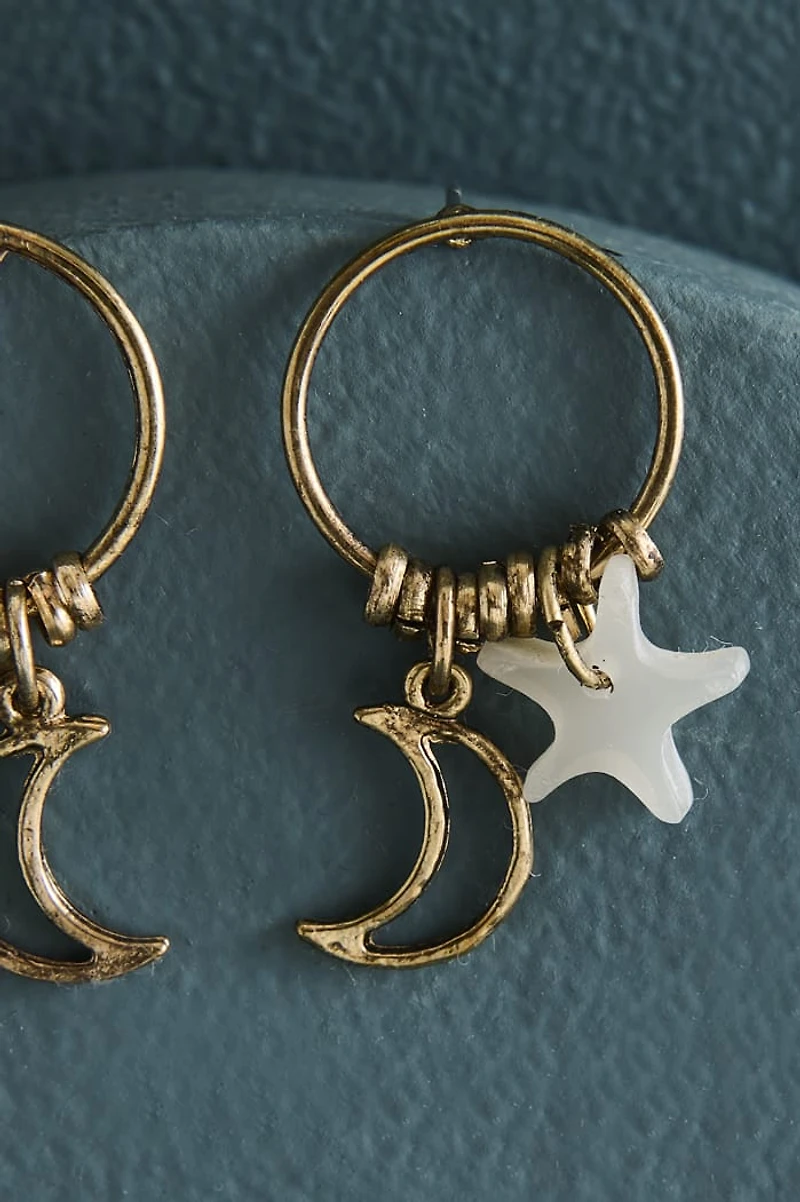 Gold Circle Celestial Mini Charm Hoop Earrings